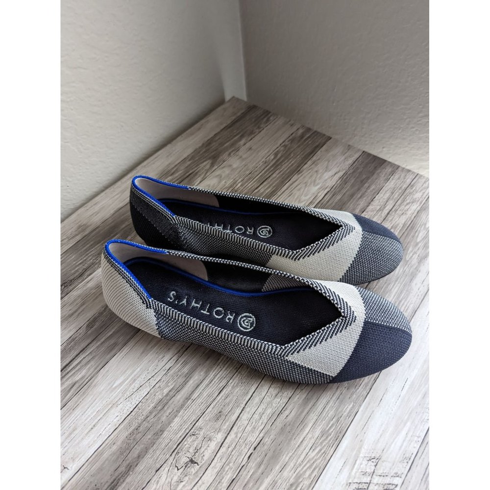 Rothy's captoe flat black and white buffalo check geometric size 8